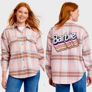 Barbie Pink Tan Plaid Button-Down Shirt Jacket NWOT
